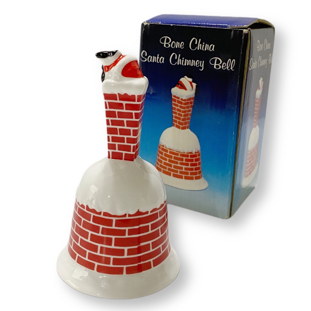 Bone China, Vintage Santa Chimney Bell, 5 Inch Snowy Red Vintage Christmas Bell